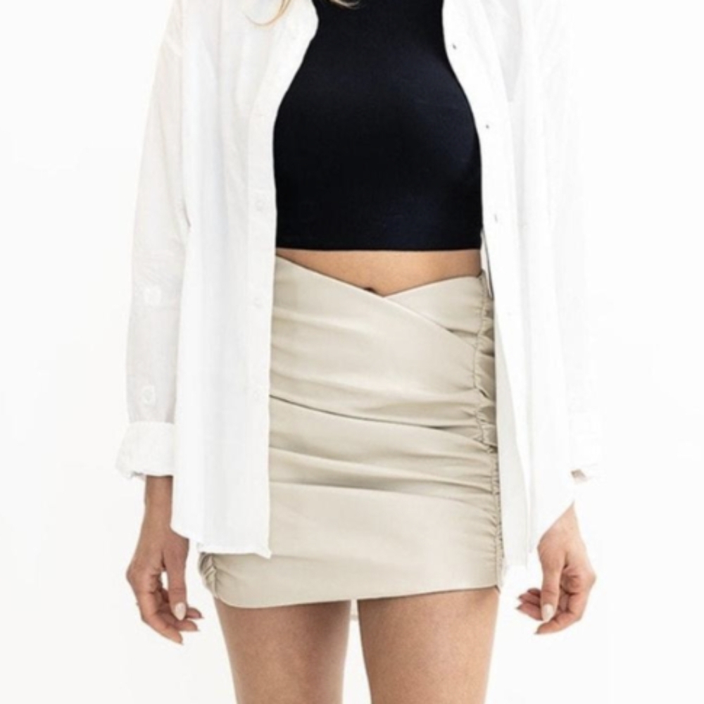 Torn by Ronny Kobo Presley Asymmetrical Ruched Faux Leather Skirt Beige Medium
